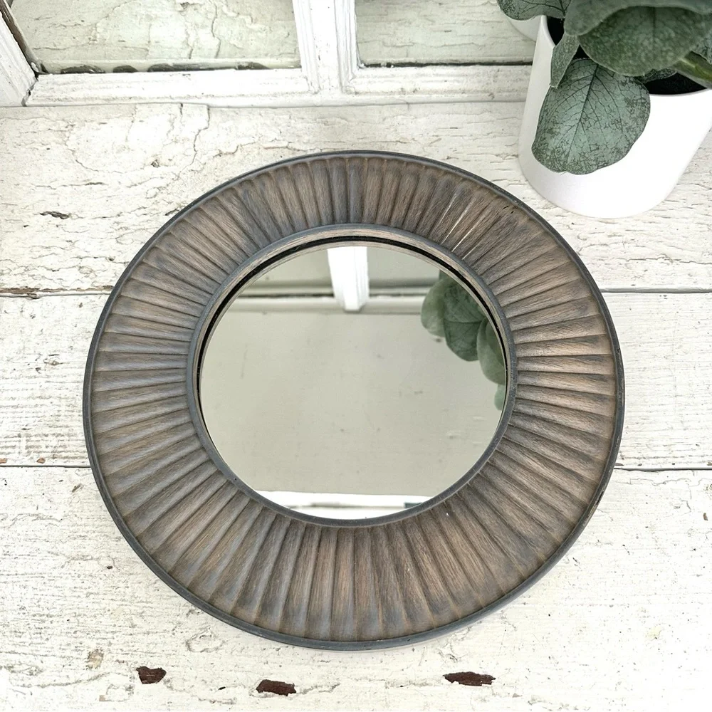 Gray Sunburst Starburst Round Circle Wall Hanging Mirror Lightweight 10” Boho